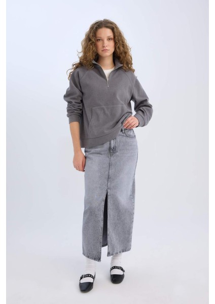 Long Fit Yırtmaçlı Cepli Uzun Boy Jean Etek D1375AX24AU