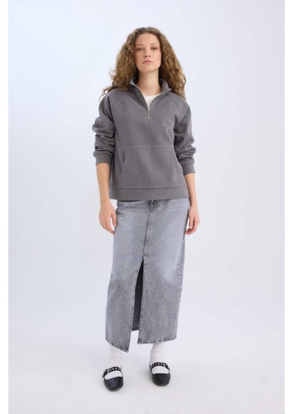 Long Fit Yırtmaçlı Cepli Uzun Boy Jean Etek D1375AX24AU