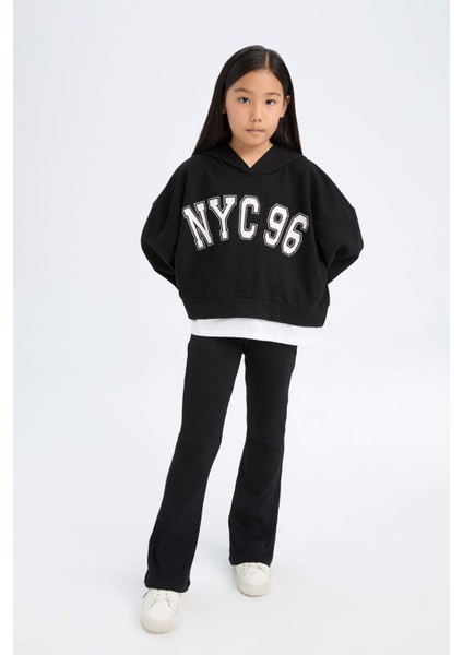 Kız Çocuk 2'li Takım Kapüşonlu Baskılı Sweatshirt İspanyol Paça Tayt D0725A824AU