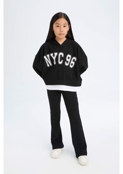 Kız Çocuk 2'li Takım Kapüşonlu Baskılı Sweatshirt İspanyol Paça Tayt D0725A824AU