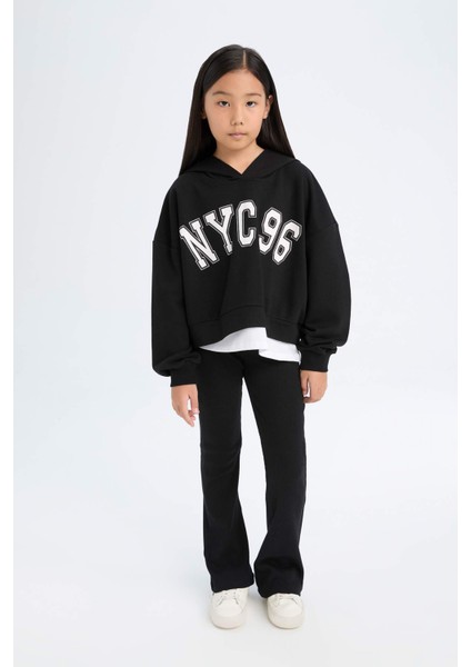 Kız Çocuk 2'li Takım Kapüşonlu Baskılı Sweatshirt İspanyol Paça Tayt D0725A824AU