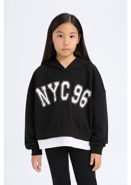 Kız Çocuk 2'li Takım Kapüşonlu Baskılı Sweatshirt İspanyol Paça Tayt D0725A824AU