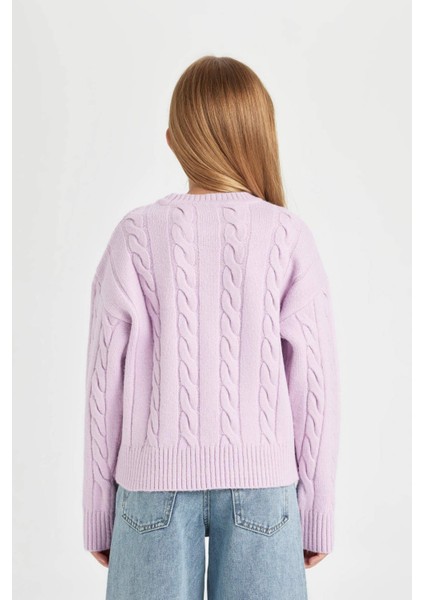 Kız Çocuk Bisiklet Yaka Saç Örgülü Triko Kazak B1556A824AU