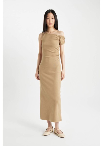 Bodycon Vücudu Saran Tek Omuzlu Fitilli Kaşkorse Kısa Kollu Midi Elbise D1448AX24SM