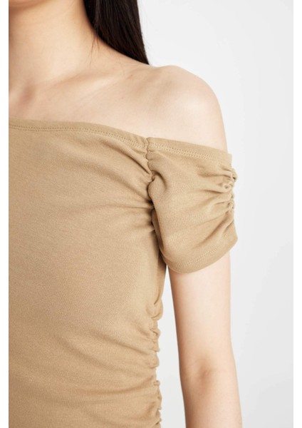 Bodycon Vücudu Saran Tek Omuzlu Fitilli Kaşkorse Kısa Kollu Midi Elbise D1448AX24SM