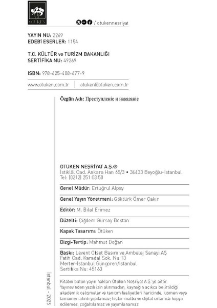 Suç ve Ceza - Fyodor M. Dostoyevski - Ötüken Neşriyat modelleri