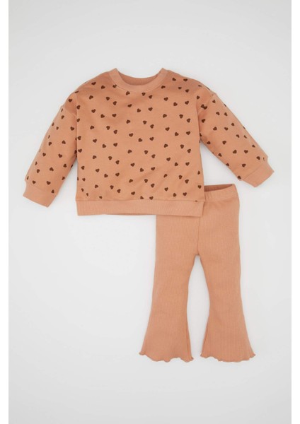 Kız Bebek 2'li Takım Kalp Desenli Bisiklet Yaka Sweatshirt Beli Lastikli Tayt D1676A524AU