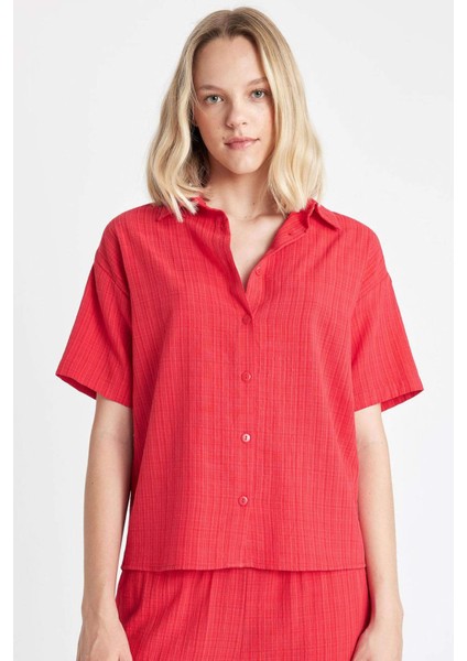 Oversize Geniş Kalıp Keten Görünümlü Kısa Kollu Gömlek A9135AX24SM