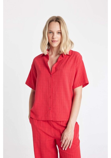 Oversize Geniş Kalıp Keten Görünümlü Kısa Kollu Gömlek A9135AX24SM