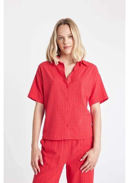 Oversize Geniş Kalıp Keten Görünümlü Kısa Kollu Gömlek A9135AX24SM