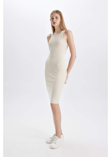 Bodycon Halter Yaka Fitilli Kaşkorse Kolsuz Midi Elbise U8106AZ24SM