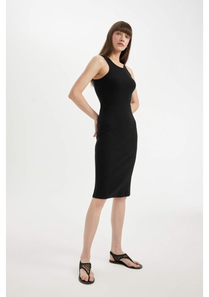 Bodycon Halter Yaka Fitilli Kaşkorse Basic Düz Kolsuz Midi Elbise U8106AZ24SM