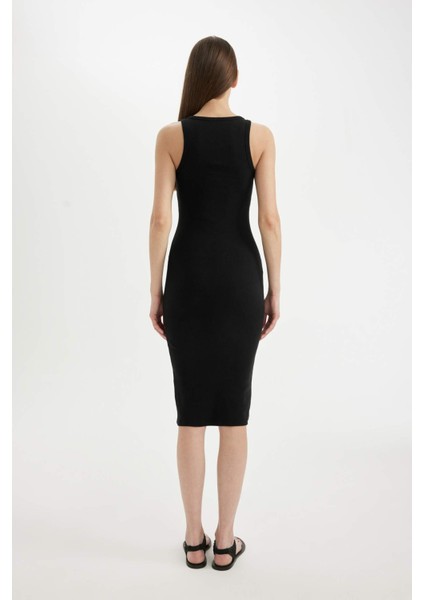 Bodycon Halter Yaka Fitilli Kaşkorse Basic Düz Kolsuz Midi Elbise U8106AZ24SM