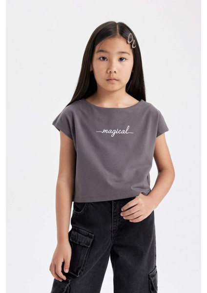 Kız Çocuk Baskılı Crop Kısa Kollu Tişört D1709A824SM