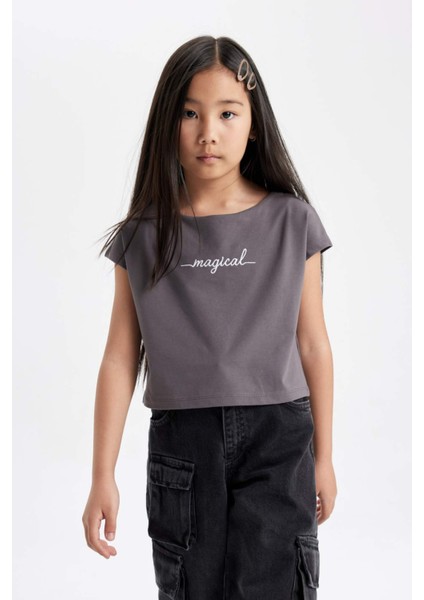 Kız Çocuk Baskılı Crop Kısa Kollu Tişört D1709A824SM