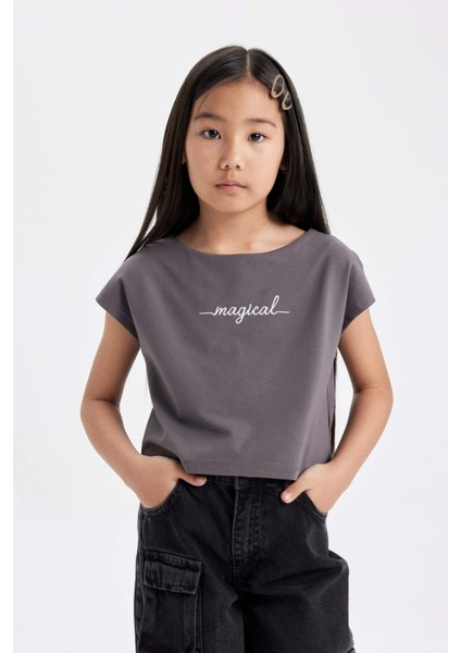 Kız Çocuk Baskılı Crop Kısa Kollu Tişört D1709A824SM