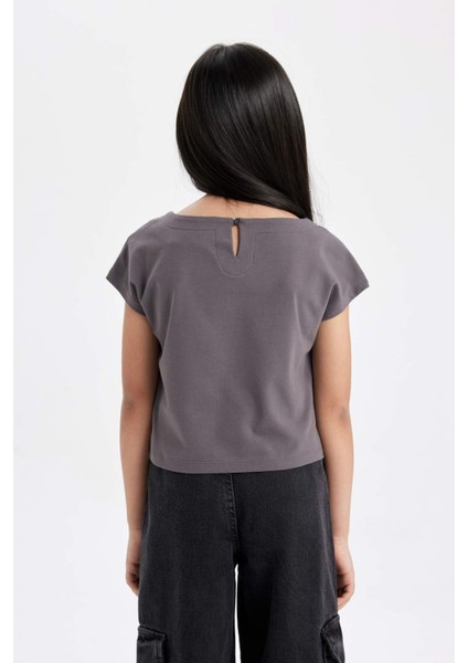 Kız Çocuk Baskılı Crop Kısa Kollu Tişört D1709A824SM