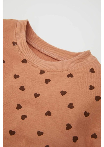 Kız Bebek 2'li Takım Kalp Desenli Bisiklet Yaka Sweatshirt Beli Lastikli Tayt D1676A524AU
