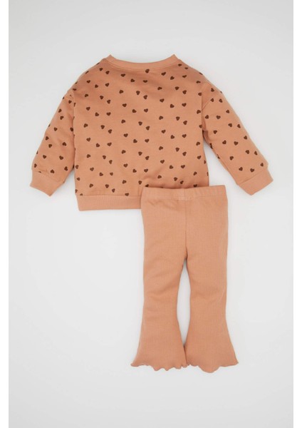 Kız Bebek 2'li Takım Kalp Desenli Bisiklet Yaka Sweatshirt Beli Lastikli Tayt D1676A524AU