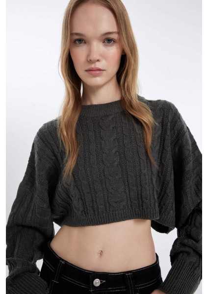 Coool Regular Fit Crop Bisiklet Yaka Saç Örgülü Triko Kazak T4518AZ24WN