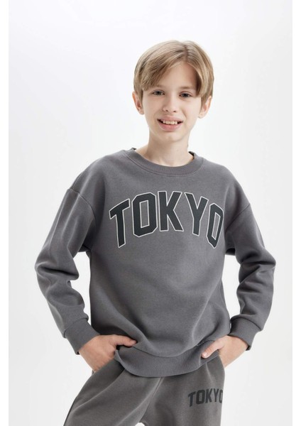 Erkek Çocuk Antrasit Oversize Geniş Kalıp Bisiklet Yaka Baskılı Okul Sweatshirt D1643A824AU