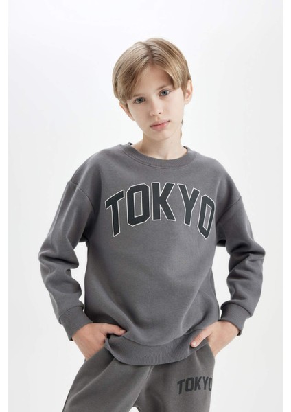 Erkek Çocuk Antrasit Oversize Geniş Kalıp Bisiklet Yaka Baskılı Okul Sweatshirt D1643A824AU