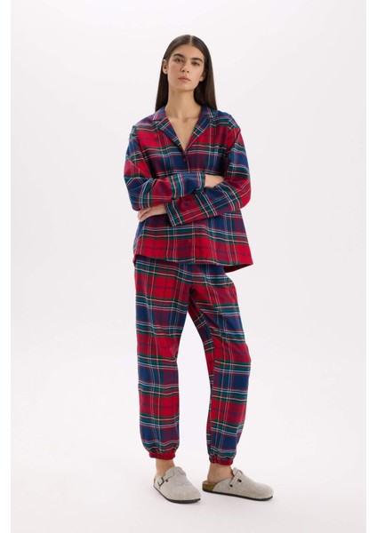 Yılbaşı Temalı Beli Lastikli Ekose Desenli Flanel Pijama Altı-Fall in Love X9052AZ24WN
