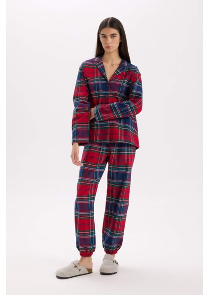 Yılbaşı Temalı Beli Lastikli Ekose Desenli Flanel Pijama Altı-Fall in Love X9052AZ24WN