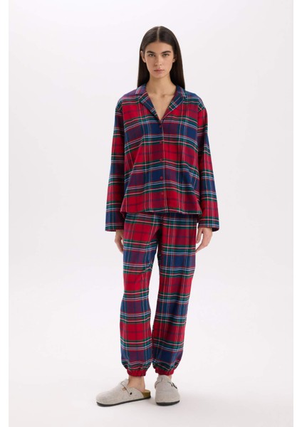 Yılbaşı Temalı Beli Lastikli Ekose Desenli Flanel Pijama Altı-Fall in Love X9052AZ24WN