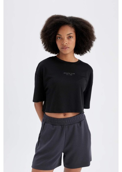 Oversize Geniş Kalıp Bisiklet Yaka Baskılı Sporcu Modal Kısa Kollu Tişört D1281AX24HS