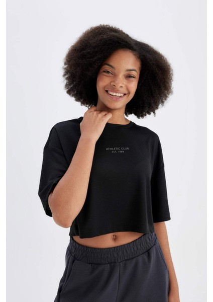 Oversize Geniş Kalıp Bisiklet Yaka Baskılı Sporcu Modal Kısa Kollu Tişört D1281AX24HS