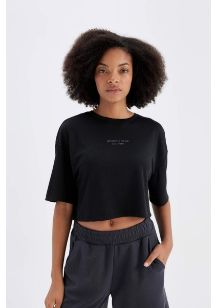 Oversize Geniş Kalıp Bisiklet Yaka Baskılı Sporcu Modal Kısa Kollu Tişört D1281AX24HS