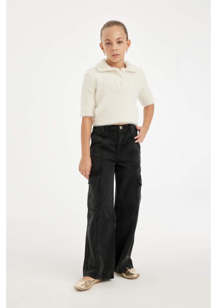 Kız Çocuk Polo Yaka Yumuşak Dokulu Kısa Kollu Triko Kazak D1358A824WN