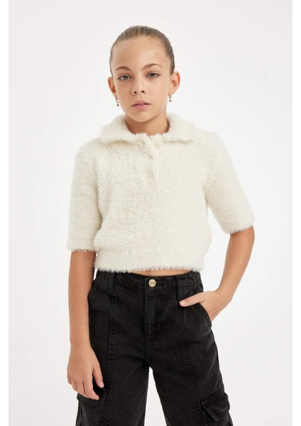 Kız Çocuk Polo Yaka Yumuşak Dokulu Kısa Kollu Triko Kazak D1358A824WN