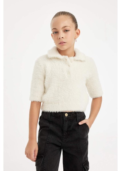 Kız Çocuk Polo Yaka Yumuşak Dokulu Kısa Kollu Triko Kazak D1358A824WN