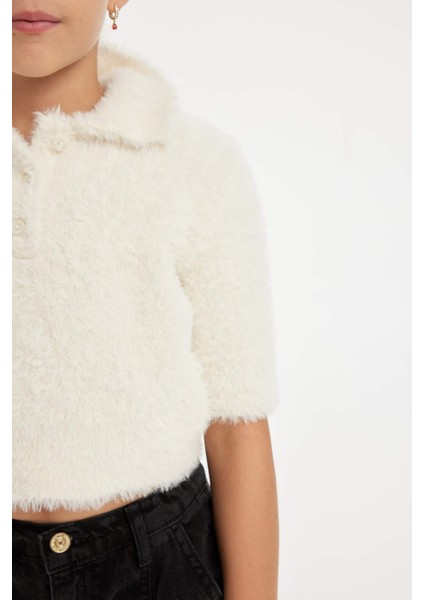 Kız Çocuk Polo Yaka Yumuşak Dokulu Kısa Kollu Triko Kazak D1358A824WN