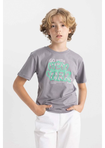 Erkek Çocuk Bisiklet Yaka Baskılı Kısa Kollu Tişört D0396A824HS