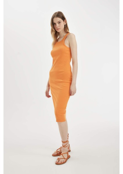 Bodycon Halter Yaka Fitilli Kaşkorse Basic Düz Kolsuz Midi Elbise U8106AZ24SM