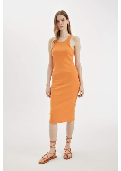 Bodycon Halter Yaka Fitilli Kaşkorse Basic Düz Kolsuz Midi Elbise U8106AZ24SM