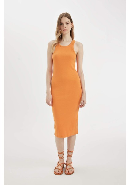 Bodycon Halter Yaka Fitilli Kaşkorse Basic Düz Kolsuz Midi Elbise U8106AZ24SM