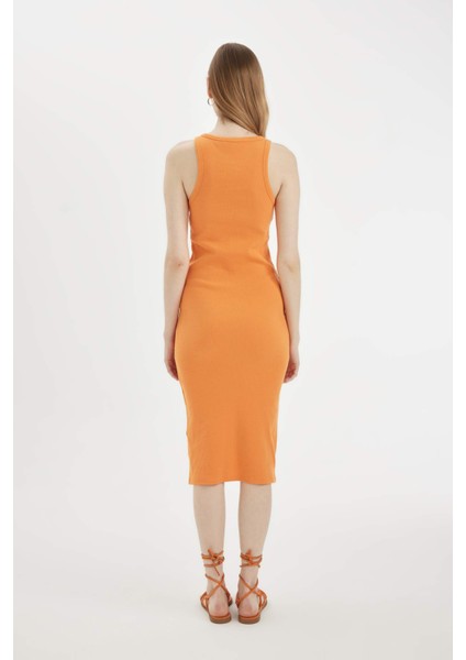 Bodycon Halter Yaka Fitilli Kaşkorse Basic Düz Kolsuz Midi Elbise U8106AZ24SM