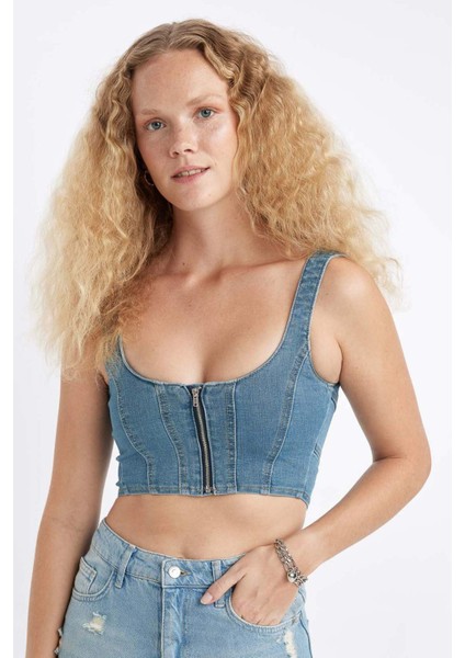 Kalın Askılı Fermuarlı Crop Korse Jean Bluz C3335AX24HS