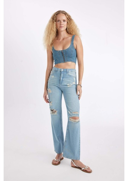 Kalın Askılı Fermuarlı Crop Korse Jean Bluz C3335AX24HS