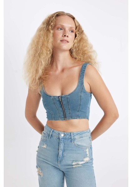 Kalın Askılı Fermuarlı Crop Korse Jean Bluz C3335AX24HS