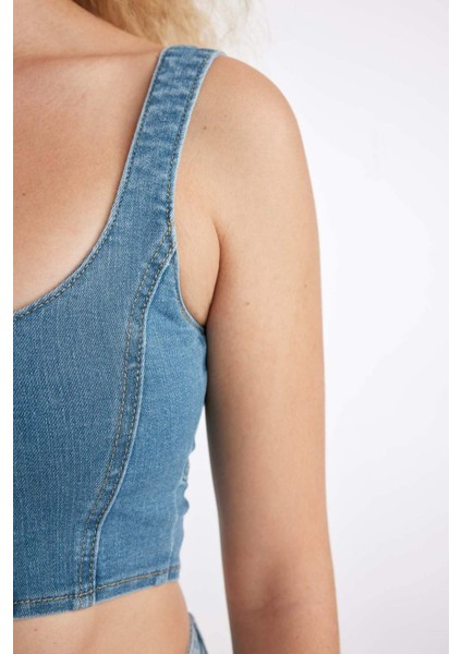 Kalın Askılı Fermuarlı Crop Korse Jean Bluz C3335AX24HS