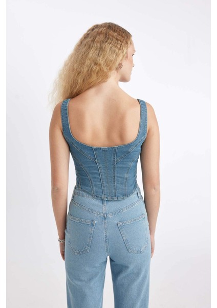 Kalın Askılı Fermuarlı Crop Korse Jean Bluz C3335AX24HS
