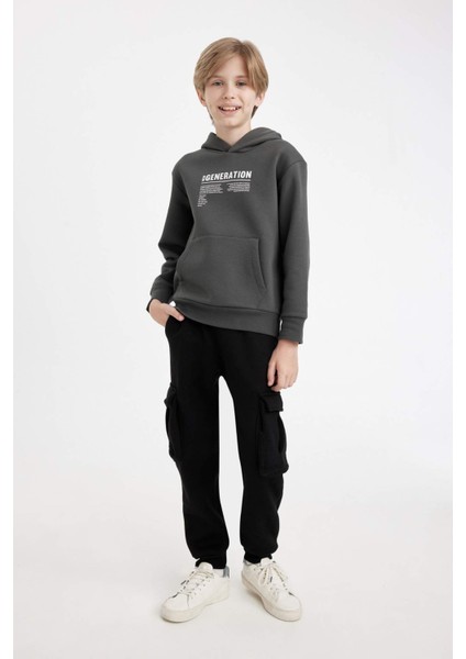 Erkek Çocuk Cepli Yazı Baskılı Kapüşonlu Okul Sweatshirt C7567A824WN
