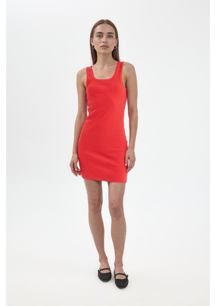 Coool Bodycon Vücudu Saran Basic Düz Fitilli Kaşkorse Kolsuz Mini Kırmızı Elbise A0732AX24SM