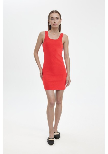 Coool Bodycon Vücudu Saran Basic Düz Fitilli Kaşkorse Kolsuz Mini Kırmızı Elbise A0732AX24SM