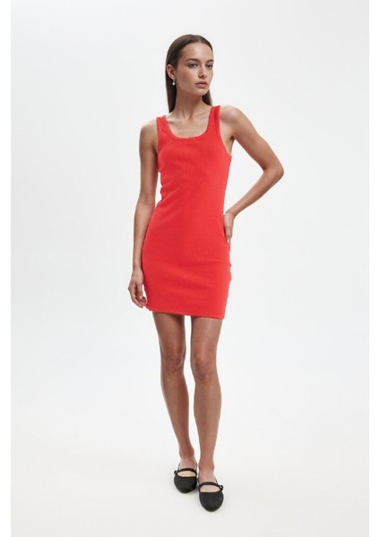 Coool Bodycon Vücudu Saran Basic Düz Fitilli Kaşkorse Kolsuz Mini Kırmızı Elbise A0732AX24SM